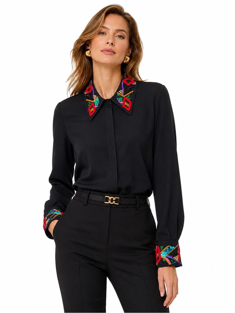 Vintage Black Embellished Collar Blouse Yves St Clair Petites Artsy Retro 8
